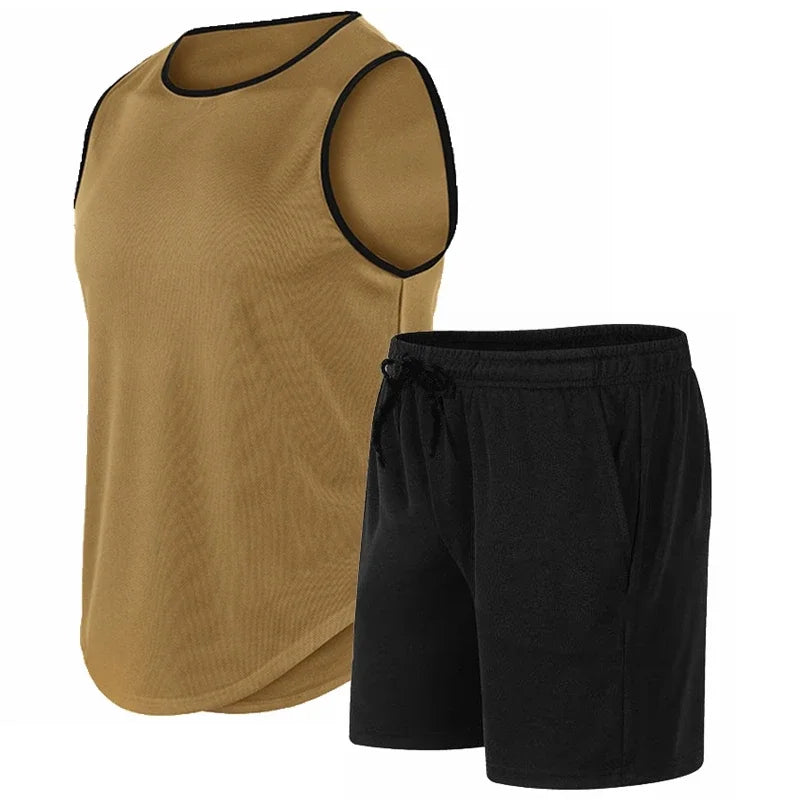 2026 Summer New Men's Fashionable Breathable Speed Drying Sleeveless Round Neck T-shirt Set Outdoor Running Sportswear