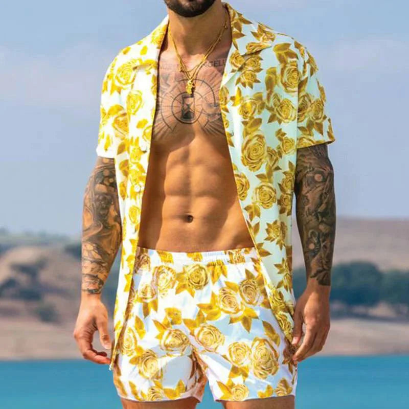 Summer Men's Shirt Loose Short Sleeve Shorts Beach Suit Quick Drying