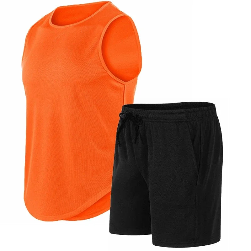 2026 Summer New Men's Fashionable Breathable Speed Drying Sleeveless Round Neck T-shirt Set Outdoor Running Sportswear