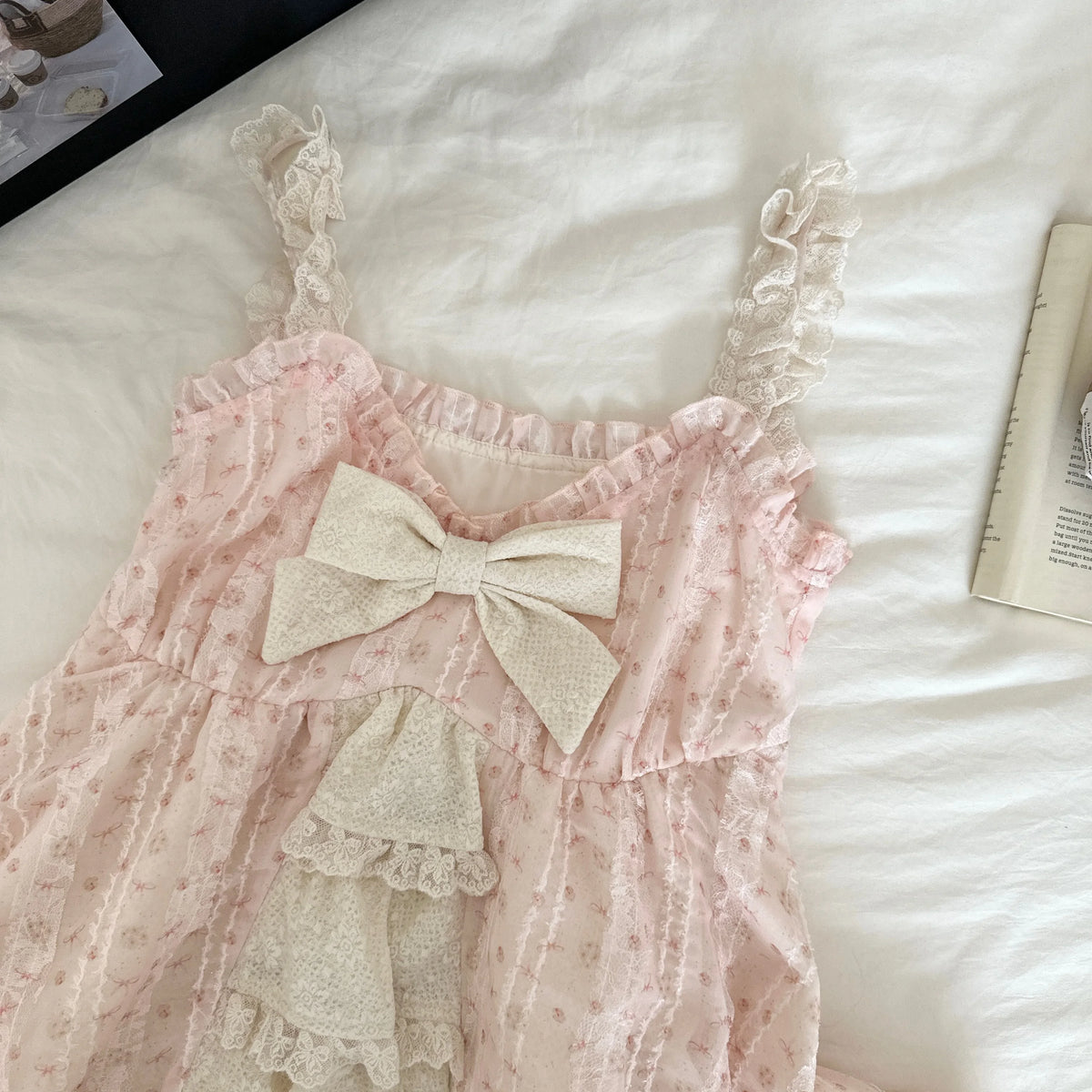 Sweet Lolita Bow Lace Dress Women Puff Sleeve Ruffle Layered Skirt Princess Style Vintage Cottagecore Fairycore Kawaii Outfits