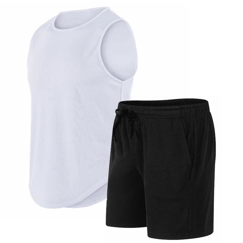 2026 Summer New Men's Fashionable Breathable Speed Drying Sleeveless Round Neck T-shirt Set Outdoor Running Sportswear