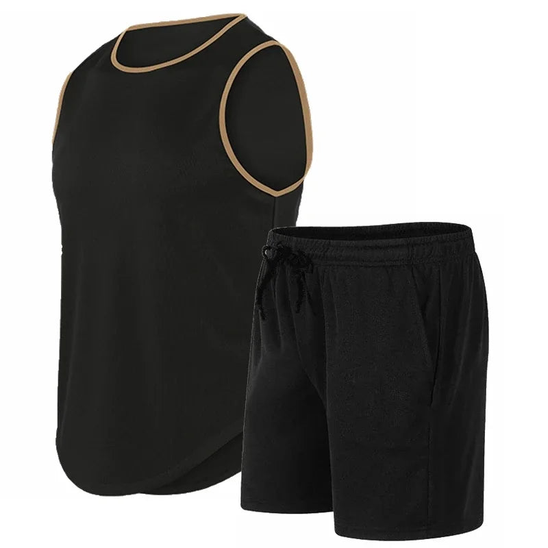 2026 Summer New Men's Fashionable Breathable Speed Drying Sleeveless Round Neck T-shirt Set Outdoor Running Sportswear
