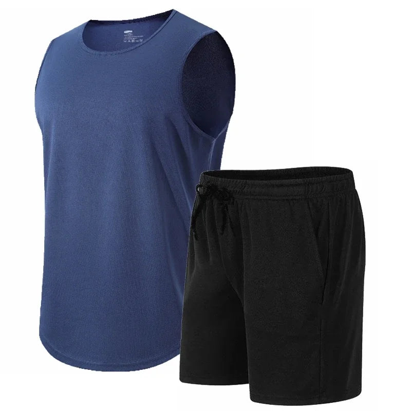 2026 Summer New Men's Fashionable Breathable Speed Drying Sleeveless Round Neck T-shirt Set Outdoor Running Sportswear