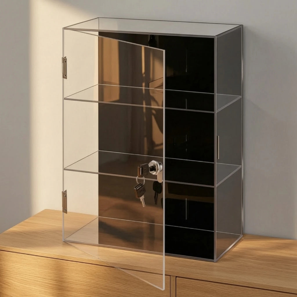 Lockable Acrylic Display Case 3-Tier Acrylic Display Case with Lock No Assembly Required Freestanding for Collectors, Countertop