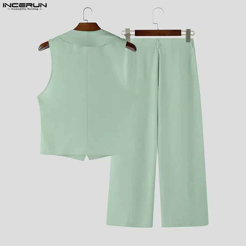 INCERUN Men Sets Solid Color V Neck Sleeveless Vests & Pants With Belt Two Pieces Sets Streetwear Elegant 2026 Fashion Men Suits