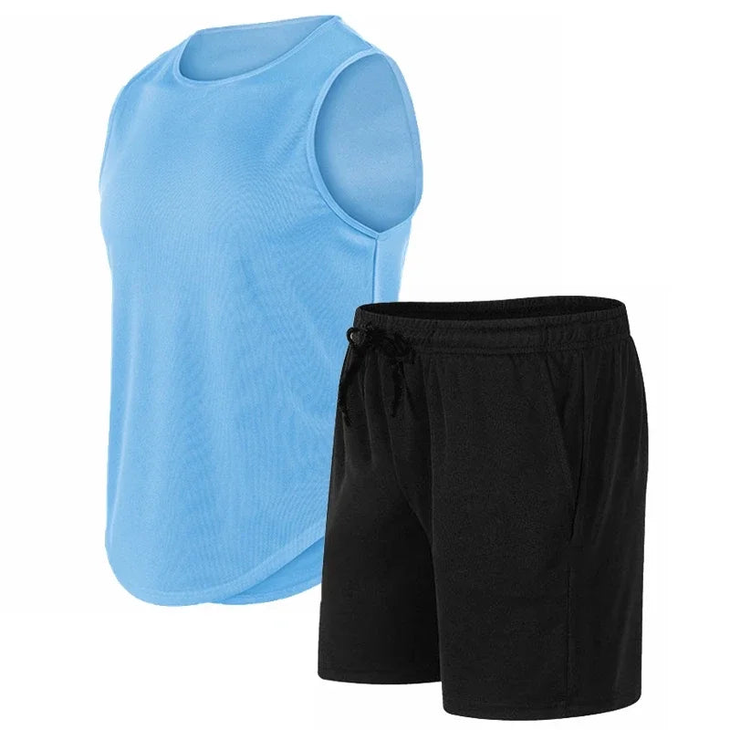 2026 Summer New Men's Fashionable Breathable Speed Drying Sleeveless Round Neck T-shirt Set Outdoor Running Sportswear