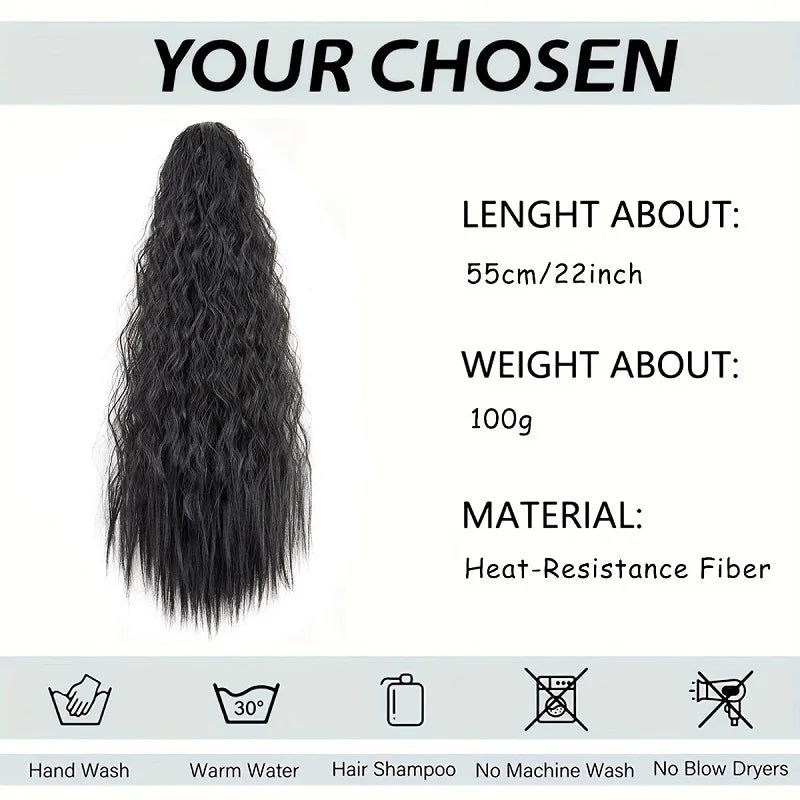 22Inch Synthetic Long Kinky Wave Curly Drawstring Clip in Ponytail Hair Extension High Temperature Fiber Hairpiece for Women