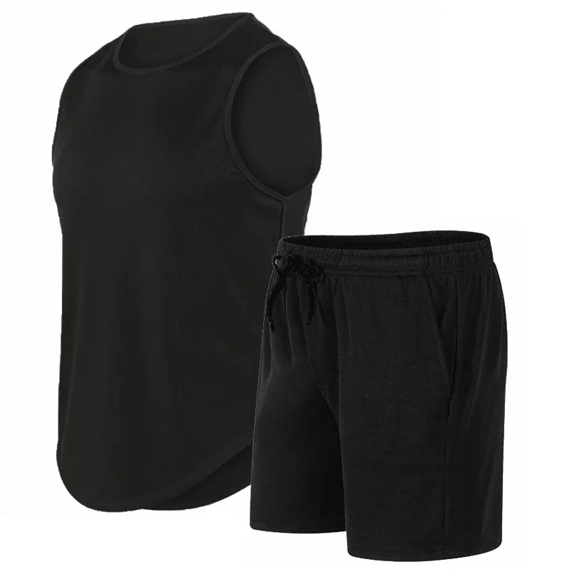 2026 Summer New Men's Fashionable Breathable Speed Drying Sleeveless Round Neck T-shirt Set Outdoor Running Sportswear