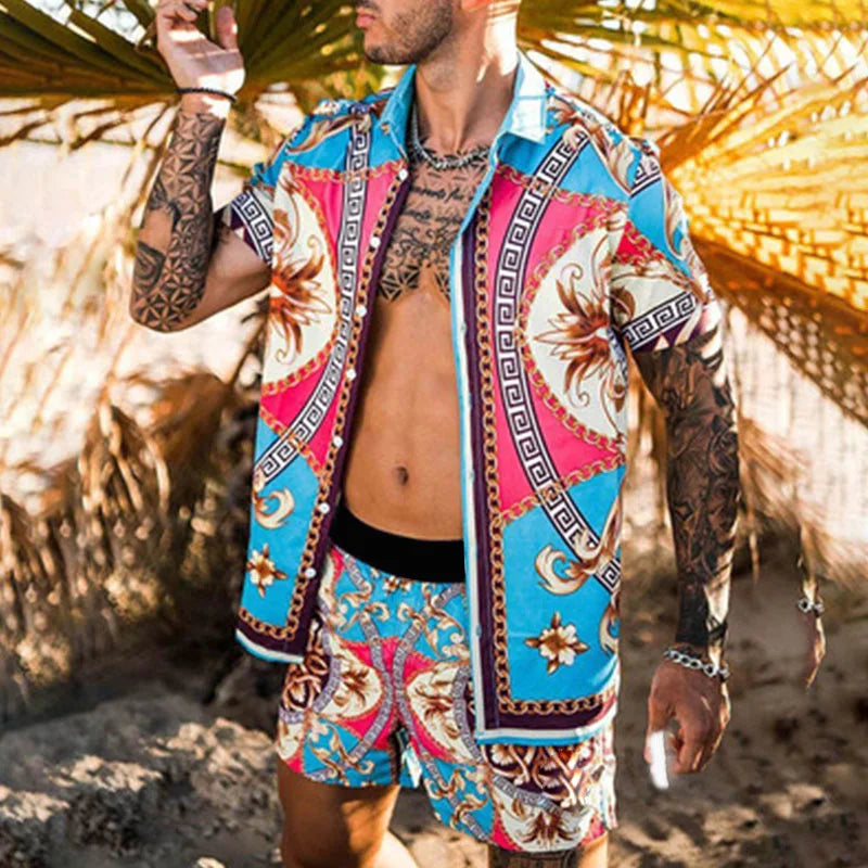Summer Men's Shirt Loose Short Sleeve Shorts Beach Suit Quick Drying