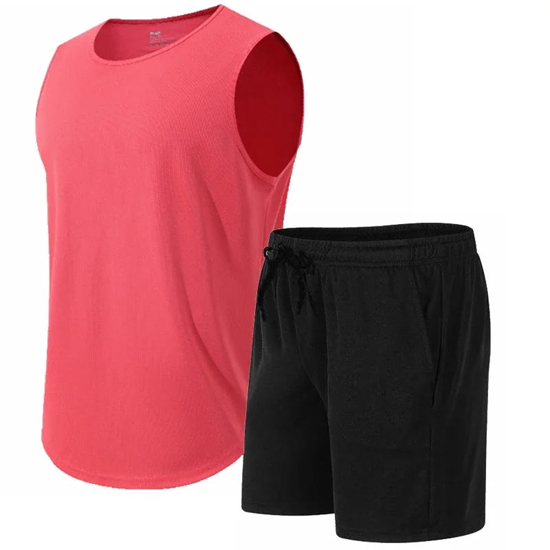2026 Summer New Men's Fashionable Breathable Speed Drying Sleeveless Round Neck T-shirt Set Outdoor Running Sportswear