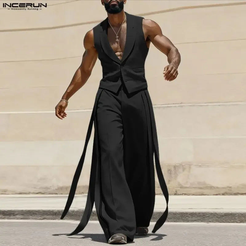 INCERUN Men Sets Solid Color V Neck Sleeveless Vests & Pants With Belt Two Pieces Sets Streetwear Elegant 2026 Fashion Men Suits