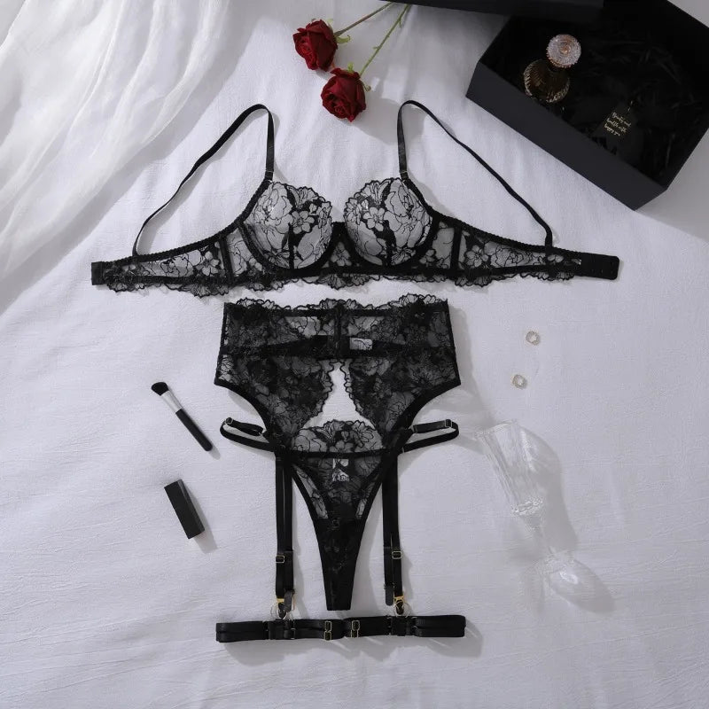 Women's Black Floral Lace Lingerie Set